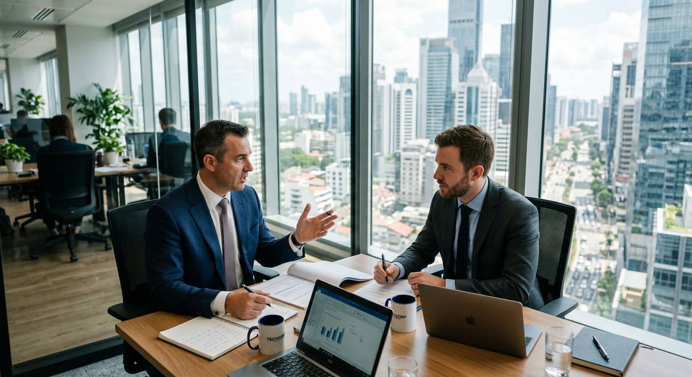 Two business professionals in discussion near office windows